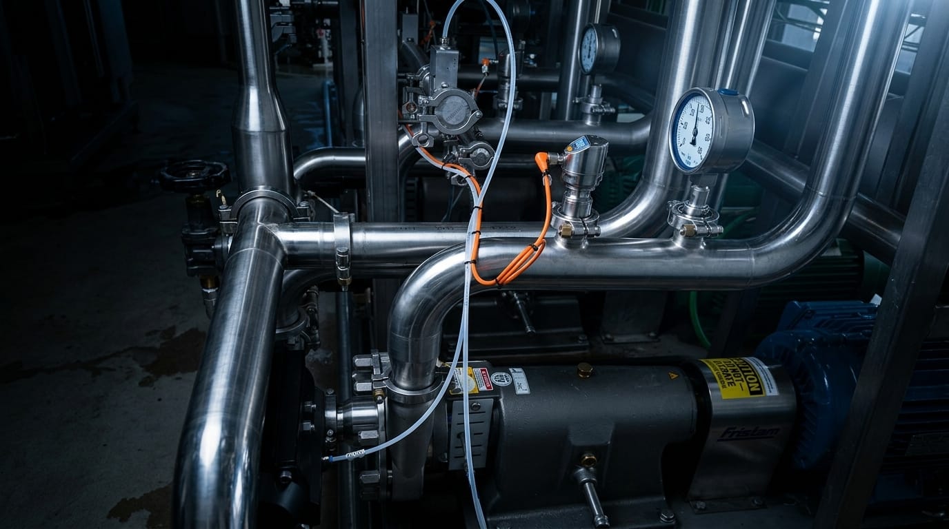 Linha de tubulação e bombeamento industrial sanitário em aço inox